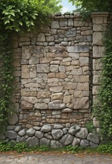 Rustic stone wall with poster, leafy park backdrop,  photography,  mock-up