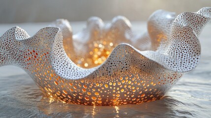 Ornate bowl with textured surface and golden glowing interior