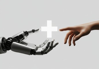 Human hand reaching out to a robot hand with a glowing plus sign between them on a light gray background