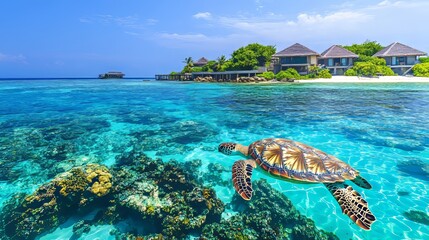 Surrounded by vibrant coral reefs, a couple goes snorkeling with sea turtles in the pristine, crystal-clear waters of a tropical paradise, as seen in a breathtaking 4K hyperrealistic image