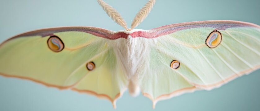 Luna moth wings open on light teal background