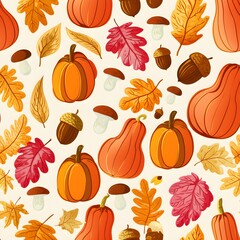 Fototapeta premium Seamless pattern with autumn elements pumpkins acorns colorful leaves mushrooms on muted