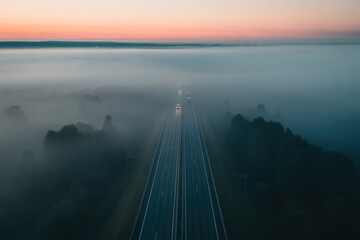 Obraz premium Highway Through Dense Fog at Dawn