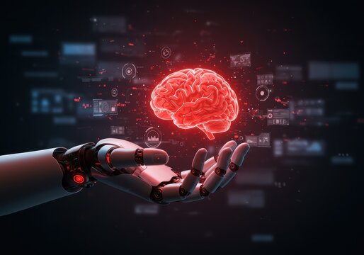 Robotic arm holding a glowing human brain with digital interface elements in the background