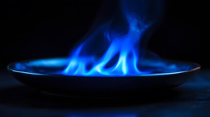 Intense blue flames rising from a shallow dish.