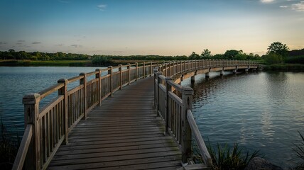 Naklejka premium Serene Wooden Footbridge Curving Over Calm Lake Waters at Dusk