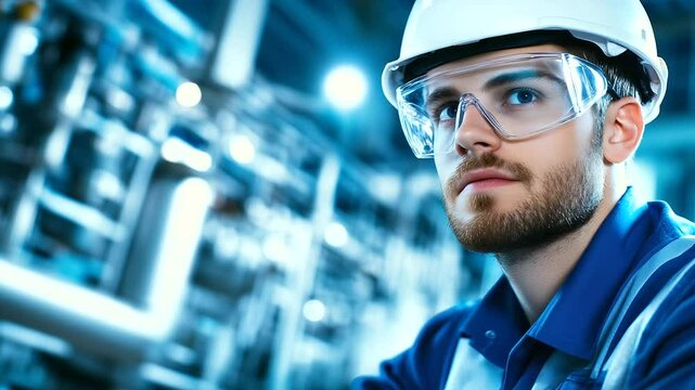 Engineer in safety glasses observes industrial systems on SCADA software interface, interpreting data to ensure efficient operation of high-tech machinery