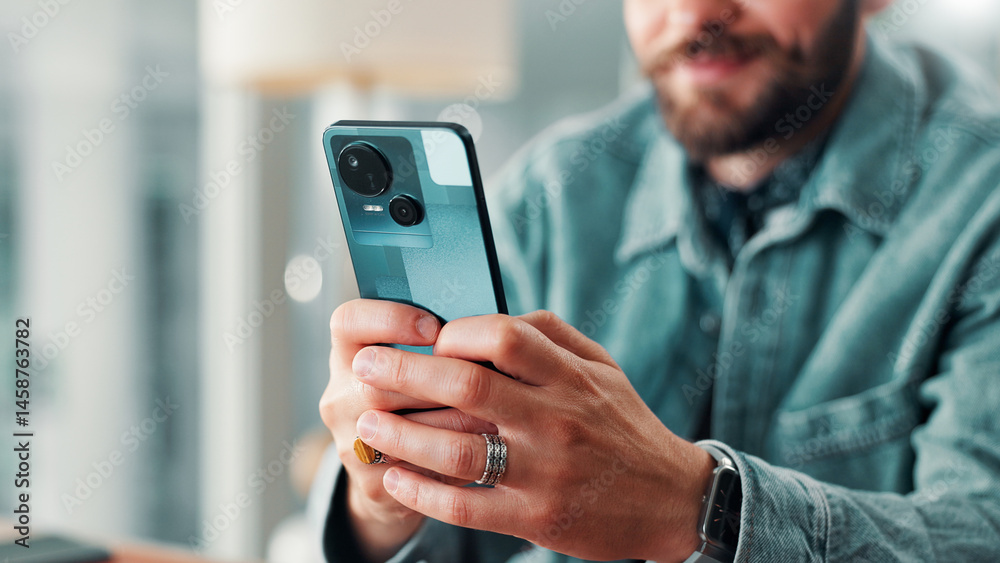 Aufkleber Hands, business person and typing on phone with internet connection for networking, communication or email. Employee, man and technology for social media, search and message with online platform