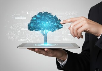 Person holding a tablet displaying a glowing digital tree with circuit board patterns and data visualizations