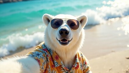 Eisb&auml;r mit Sonnenbrille am Strand