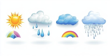 A set of weather icons featuring sun, cloud, rain, and more is offered in a flat style suitable for education and forecasting