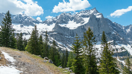 Obraz premium Paisaje soleado de montaña con nieve y árboles