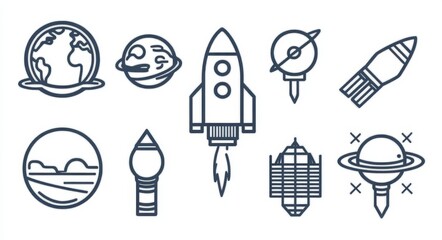 Space exploration icons, including a rocket, telescope, space station, and astronaut, are depicted in linear style