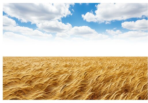 Golden wheat field stretches to the horizon under a bright blue sky with fluffy white clouds