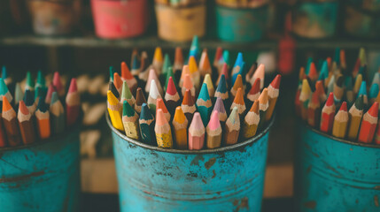 A collection of sharpened colored pencils arranged in old, weathered blue cans, evoking creativity and rustic charm.