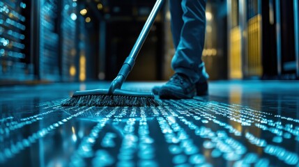 Person Sweeping Dark Blue Data Center Floor with Brush