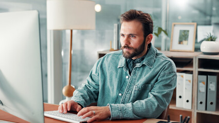 Man, computer and typing with writer in office, story draft or article writing or blog research....