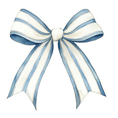 A blue and white striped ribbon bow with elegant, flowing loops and tails.