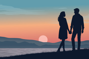 Fototapeta premium Romantic Silhouette Landscape of a Couple at Sunset, Love and Nature Scene, Twilight Romance on Hill
