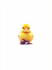 Obraz premium A small, fluffy yellow chick holding a purple object.