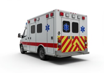 Rear view of an ambulance with emergency lights and the star of life symbol on a white background
