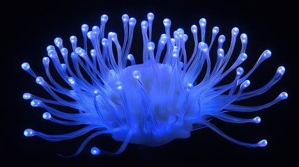 Abstract design of glowing blue flower-like form.