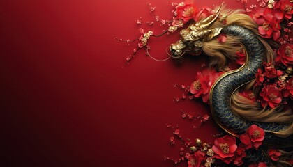 Fototapeta premium Golden Dragon with Red Flowers - Lunar New Year 2006 Background