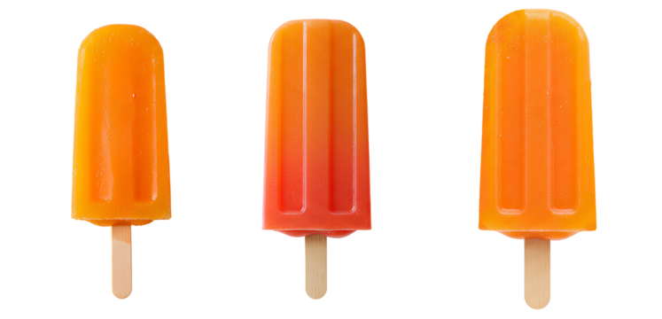 orange popsicle set PNG. refreshing orange popsicle top view png. orange flavoured popsicle for summertime isolated. Juicy orange ice pop with wooden stick PNG for hot weather	 - Powered by Adobe