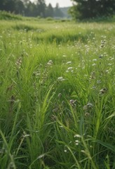 Obraz premium Intricate border of blooming meadow grasses & buzzing insects; lush, vibrant greens , landscape, floral, background