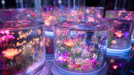 Intricate floral displays illuminated in translucent containers.