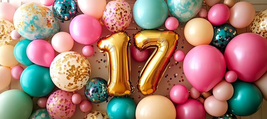 Golden Number 17 Balloon For 17th Birthday Celebration With Colorful Festive Balloons And Confetti