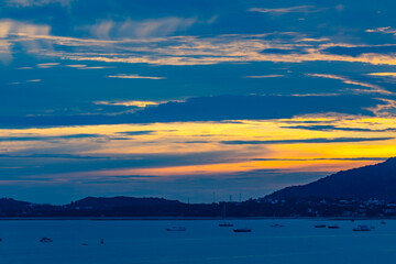 Nature beautiful light sunset or sunrise over sea surface,Colorful sunset sky with clouds and waves in the ocean,Wide angle sea background