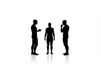 Three silhouetted figures stand on a white background, one using a phone and another in a pensive pose