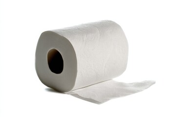Fototapeta premium Roll of paper towels sitting on a white background with some sheets unraveling on the side ready for use