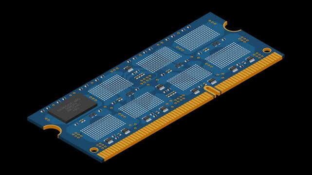 Isometric random access memory animation. RAM memory realistic 3d isometric. Computer hardware components. Transparent background with alpha channel