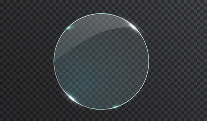 Glass circle banner with place for inscriptions. Glass plate mock up. realistic vector round frame