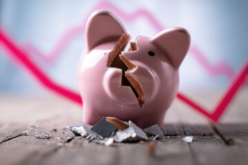 Broken piggy bank on wooden surface with financial graph in background indicating economic downturn