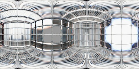 A sleek, reflective tunnel-like structure made of transparent glass tiles with curved lines and geometric patterns. The space feels futuristic, clean, and illuminated by soft ambient light.