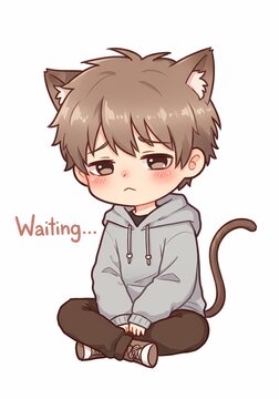 Whimsical illustration of a contemplative catboy in a hoodie, patiently waiting with a touch of melancholy and soft artistic rendering style