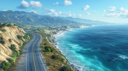 Scenic coastal road overlooking ocean and mountains under clear blue sky