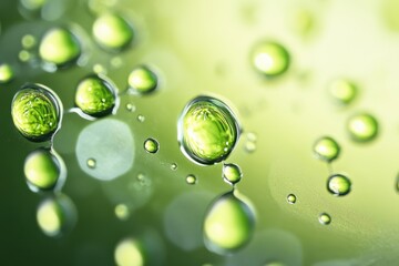 Close-up perspective of green water droplets on a reflective surface with blurred background highlighting nature's beauty