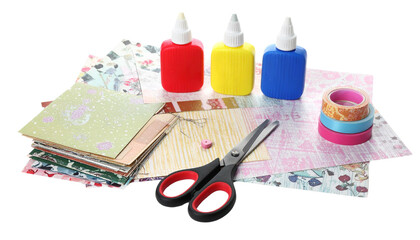 Scrapbooking supplies including scissors, patterned paper, and glue sticks isolated on white in Png format