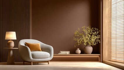 A cozy modern living room with a comfy armchair, decorative vases, a lamp, and natural light streaming through wooden blinds.