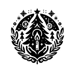 Fototapeta premium Minimalist Christmas Illustration: Candle, Tree, and Ornaments