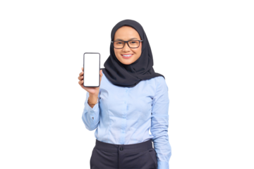 Portrait of smiling young Asian woman showing blank screen mobile phone and looking at camera isolated on transparent background