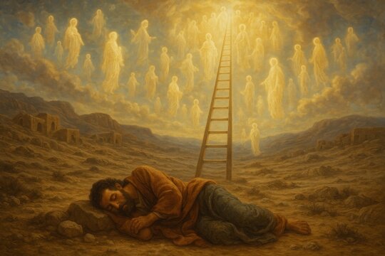 Jacob dreams of a golden ladder reaching to heaven, with angels ascending and descending, set under a starry sky in a peaceful biblical desert scene.