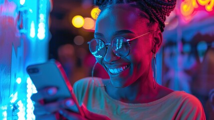 A smiling African woman wearing glasses holding a cell phone on neon and colorful vibe