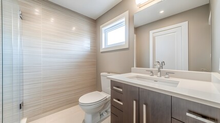 Modern beige bathroom interior with stylish features.