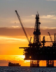 Obraz premium Silhouette of oil rig platform at sunset with small ship container nearby. 