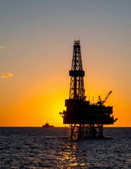 Obraz premium Silhouette of oil rig platform at sunset with small ship container nearby. 
